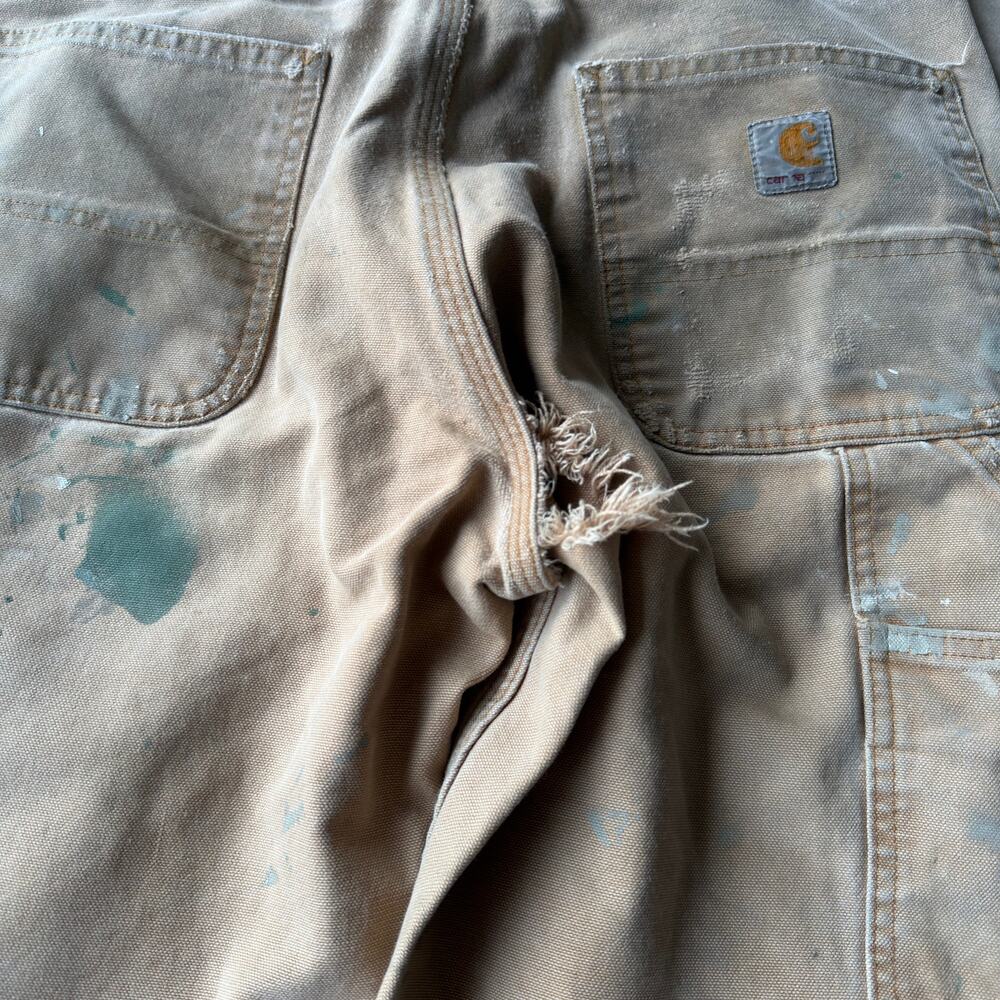 VINTAGE TAN CARHARTT DOUBLE KNEE PANTS PAINTED CARPENTER RIVETED RELAXED 32X32 - Picture 3 of 8